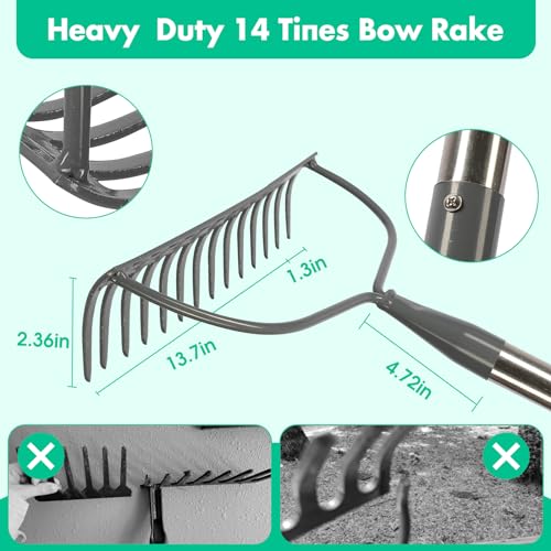 Garden Rake, 14 Metal Tines Heavy Duty Bow Rake with 5FT Adjustable Handle for Lawn, Landscape Cultivator Garden Rake for Loosening Soil Leveling Mulch Gathering Leaf