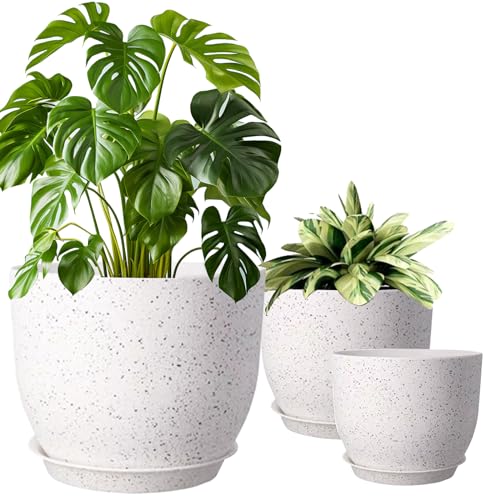 10/9/8 inch Plant Pots, 3 Pack Plastic Flower Pots Modern Flower Pots with Drainage Holes and Trays are for Indoor and Outdoor Plants, Herbs and Flowers,White Speckles - color: White