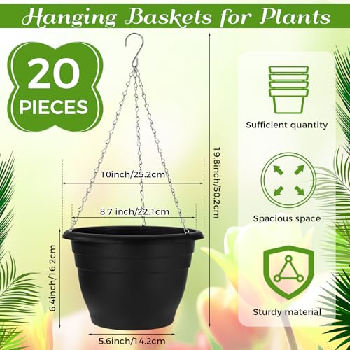 20 Pack Hanging Planter Basket 10 Inch with Drainage Tray - color: Black, size: 10 Inch