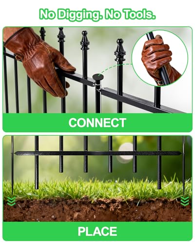 12-Panel Wrought Iron Garden Fence, 24in H x 24ft L, Thickened Hollow Iron Tubes, Multi-Purpose Metal Fence for Dogs, Gardens & Patio - size: 12 Pack - 24in(H) x 24Ft(L)