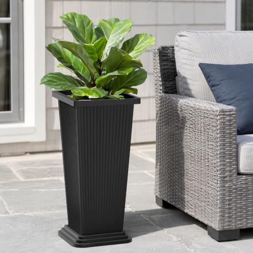 24" Set of 2 Tall Planters for Outdoor Plants, Black Striped - color: Stripe Black