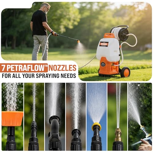 PetraTools Battery Powered Sprayer w/Cart & Retractable 100 ft Hose Reel - style: HD5000 with Hose Reel