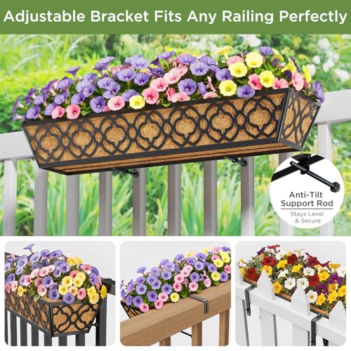 Y&M 30'' Large Window Box Railing Planter with Coco Liner, Outdoor Window Flower Boxes Over The Railing Planter Boxes Deck Fence Porch Patio Planter-2 Pack - size: Flower 30in 2p
