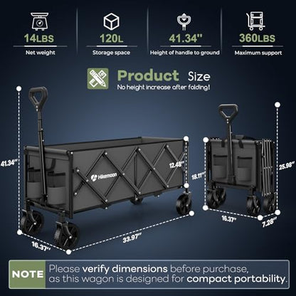 HIKEMOON 34'' Extra Long Folding Portable Wagon Cart, 120L 360LBS Grey - color: Gray