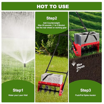 Rolling Lawn Aerator,16.5 in Push Spike Aerator with Side skids,Aerator Lawn Tool with Rear Wheel, 2026 Style Rotary Aeration Tool for Lawn, Garden and Yard,Grass Aeration for Care compacted Soil