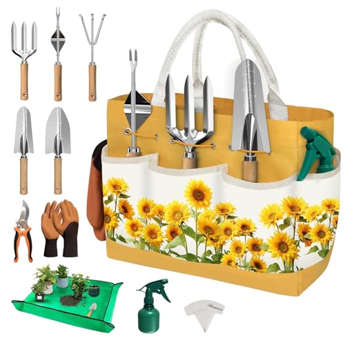 22Pcs Gardening Tools Set for Women Heavy Duty Garden Hand Tool Kit,Birthday Gifts for Mom Wife Grandma Beginner,Gardening Accessories with Sunflower Tote Bag/Shovel/RepottingMat/Plant Labels/Gloves - color: Yellow