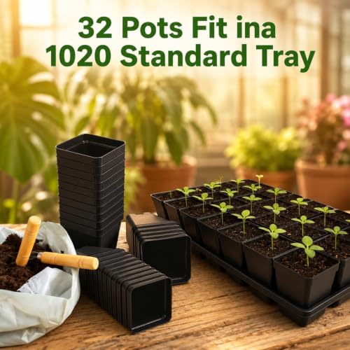 Remerry 250 Pcs Square Nursery Pots 2.63 x 3.5 Inches (D x H) Plastic Seedling Pots with Drainage Holes, Seeds Starter Germination for Plants, Black