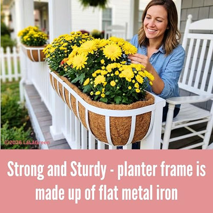 LaLaGreen Deck Railing Planter Boxes (2 Pack, 36") White Metal Extra Large Wall Hanging Planter with Coco Liner, Rectangular Window Flower Box for Outdoor Plants Deck Rail Fence Balcony Porch Patio - size: 36" (91cm) x 2 pack