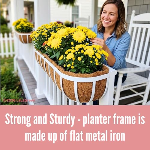 LaLaGreen Deck Railing Planter Boxes (2 Pack, 30") White Metal Rectangular Window Flower Box with Coco Liner, Large Wall Hanging Planter for Outdoor Plants Balcony Fence Deck Rail Porch Patio Garden - size: 30" (76cm) x 2 pack