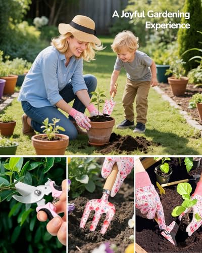 Grenebo Gardening Tools 10-Piece Garden Tool Set with Floral Bag, Pink - color: Pink