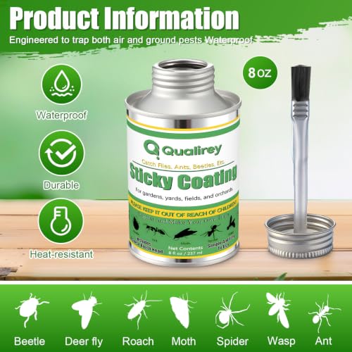 Qualirey Sticky Coating Brushable 8 oz Transparent Trap Gel Brush-on Sticky Insect with 12 Deep Blue Cups and 39 ft Jute Rope, DIY Hanging Fly Trap Kit for Patio Garden Porch and Outdoor