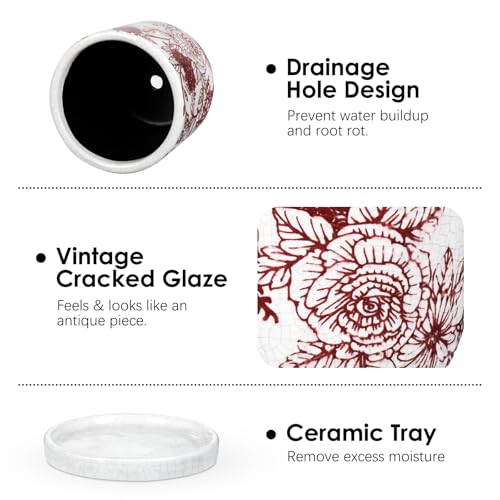 Ceramic Chinoiserie Planter, Ceramic Flower Pot with Drainage for Indoor & Outdoor, Chinese-Inspired Ceramic Planter Pot for Succulents, Herbs, Orchids, Garden, Tabletop, Shelf Decor, Red & White - color: # Red and White