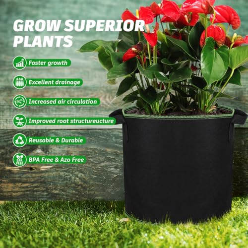 YARNOW 5-Pack 4 Gallon Fabric Grow Bags, Non-Woven Plant Pots with Reinforced Handles for Vegetables, Tomatoes, Potatoes, Strawberries, Flowers & Herbs, Outdoor Indoor (Black)