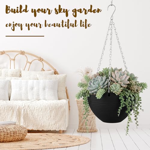 Zopeal 16 Pack Self Watering Hanging Planters 8 Inch Garden Flower Plant Pot Container with Drainer and Chain Round Hanging Pot Plant Basket for Indoor Outdoor Plants (Black) - color: Black