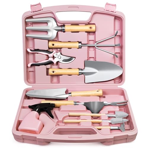 Grenebo 12-Piece Gardening Tools Set with Hard Storage Case, Pink Silver - color: Pink-Silver