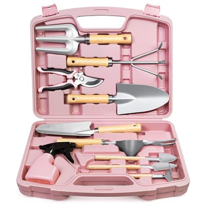 Grenebo 12-Piece Gardening Tools Set with Hard Storage Case, Pink Silver - color: Pink-Silver