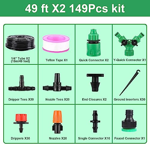 LasTool 98FT Drip Irrigation Kit,Automatic Garden Watering System with 1/4" Tubing,Adjustable Mist Sprayer Nozzles & Drip Emitters for Raised Bed,Patio,Lawn, Greenhouse-Easy DIY Installation - size: 98ft/30m