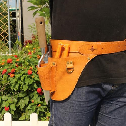 Leather Florist Tool Belt Pouch 3-Pocket Adjustable for Gardening Carpenter - color: Brownish Yellow