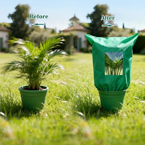 Plant Covers Freeze Protection - 4 Pack Winter Frost Tree Plant Shrub Cloth with Zipper Drawstring Transparent Pane, Frosts Blanket Wrap Bags for Outdoor Cold Weather (Green, 47''×31'')