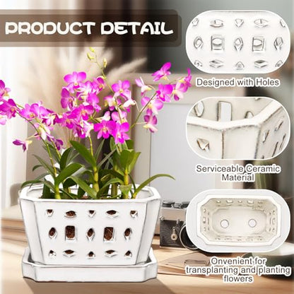 Teenyyou 7 Inch Ceramic Orchid Pot with Holes and Saucer Repotting,White - color: White