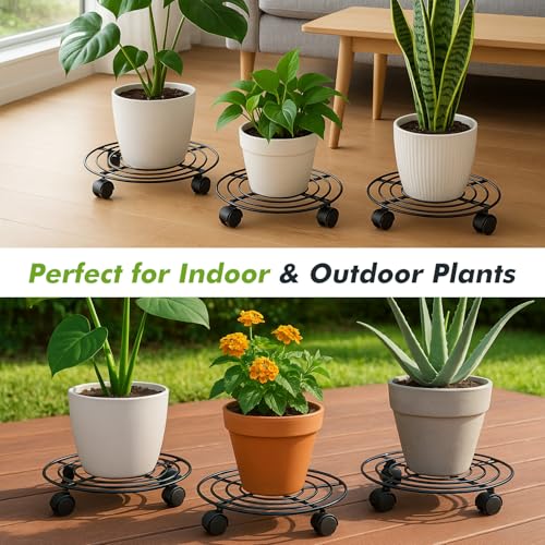 5-Pack Metal Plant Caddy 11.8" Dolly with Wheels - Heavy-duty Wrought Iron Rolling Plant Stand with Casters for Indoor and Outdoor Use - Black, Plastic Saucers Included - color: Balck