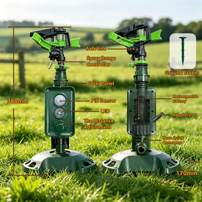 Solar Powered Motion Sensor Animal Repellent Sprinkler with Flashing Light, IP65 Waterproof Outdoor Deer & Dog Deterrent for Garden and Lawn Protection