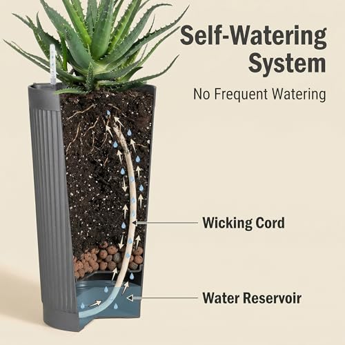 TUYOHW 24 Inch Tall Round Plastic Planter with Self Watering System, Large Indoor Outdoor Planter for Home, Patio, Garden - color: Gray-round