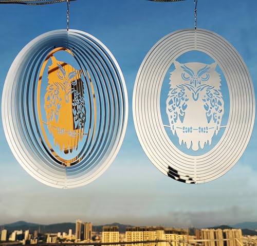 2pcs Owl Bird Scare Devices to Keep Woodpeckers, Pigeons Away from Your House, Patio, Orchards,Bird Deterrents for Outside, Reflective 3D Stainless Steel Wind Spinners Outdoor Garden Decor