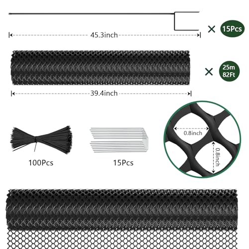Plastic Chicken Wire Mesh Fence with Metal Stakes, 39.4in x 82ft - color: Black Diamond Grid