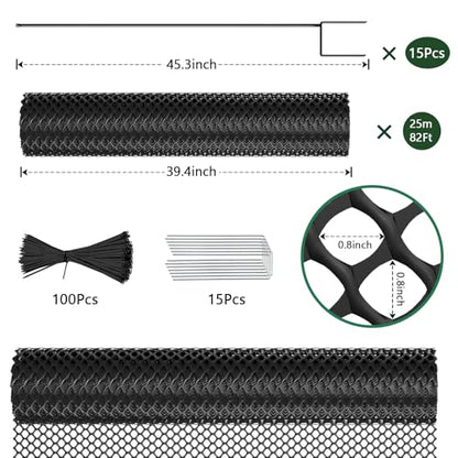 Plastic Chicken Wire Mesh Fence with Metal Stakes, 39.4in x 82ft - color: Black Diamond Grid