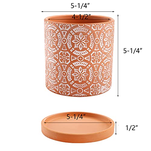 Jucoan 2 Pack Terracotta Plant Pot, 5'' Red Clay Planter Pot with Boho Flower Pattern, Ceramic Cactus Flower Planter Succulent Pot with Drainage Hole and Saucer for Indoor Outdoor Plant