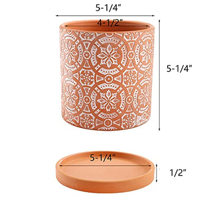 Jucoan 2 Pack Terracotta Plant Pot, 5'' Red Clay Planter Pot with Boho Flower Pattern, Ceramic Cactus Flower Planter Succulent Pot with Drainage Hole and Saucer for Indoor Outdoor Plant