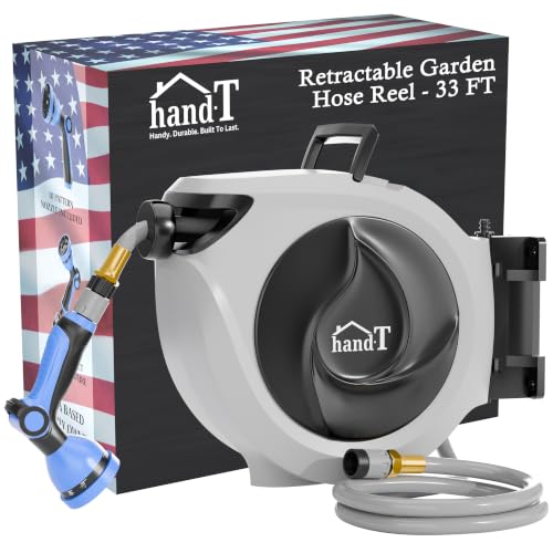 USA Based Retractable Garden Hose Reel, 1/2 in x 50 ft Quick Connect 10-Pattern Sprayer, Wall Mounted Auto Self Retracting Water Hose Reels, UV Resistant Automatic Rewind 180° Mount | Gray - size: 1/2" 50FT