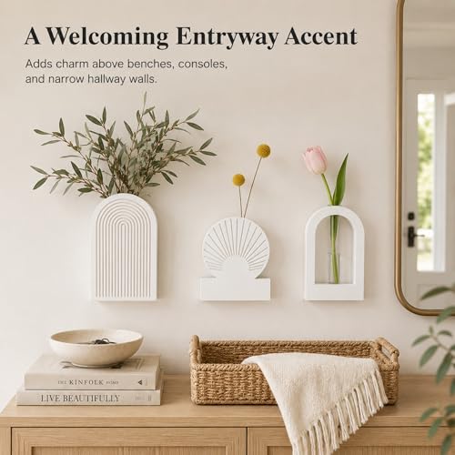 TBWIND White Wooden Wall Vases Set of 3, Wall Planters with Glass Tube Kit - color: White