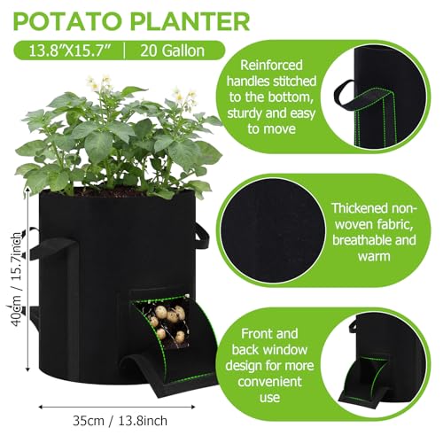 2pcs 10 Gallon Potato Grow Bags with Harvest Window & Visible Window 350g Thickened Nonwoven Fabric Pots, Sturdy Handle Garden Planting Bag for Vegetable Fruits Tomato Growing