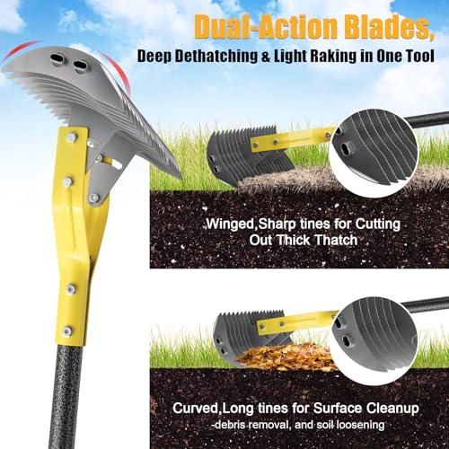 Manual Thatch Rake, 15" Dual-Sided Head with 19 Sharp Tines,70" Adjustable - size: 70''