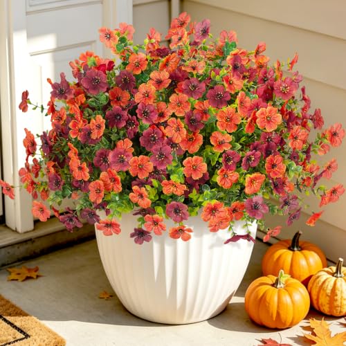 ADXORA 12 Bundles Fake Artificial Mums Fall Flowers for Outdoor Decoration - color: A3-green Leaves-brown, Orange