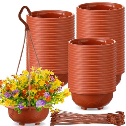 Maxcheck 60 Pcs Plastic Hanging Planter Flower Plant Pots with Hook Hanging Pot for Plants Basket Planter Holder Containers with Drainage Hole for Indoor Outdoor Garden Balcony Wall Decor, Brown
