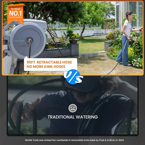 Giraffe Tools Retractable Garden Hose Reel 5/8" 90FT Wall Mount Light Grey - color: Light Grey, size: 5/8'' 90FT