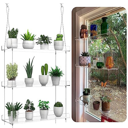 3-Tier Hanging Clear Plant Shelves for Windows, 16 Inch per Tier - size: 3 Tier