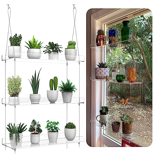 3-Tier Hanging Clear Plant Shelves for Windows, 16 Inch per Tier - size: 3 Tier