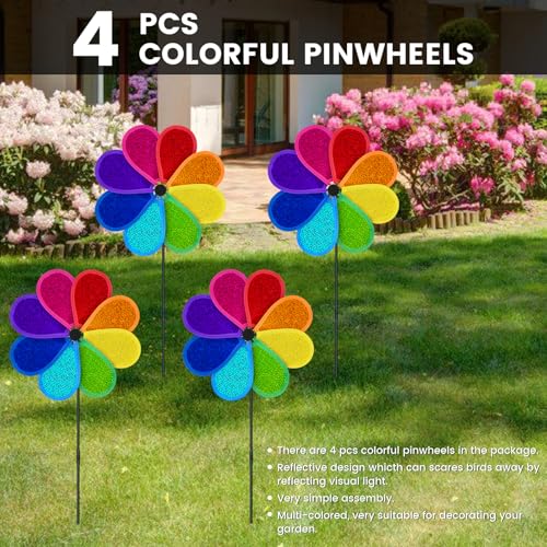 4 PCS 11.4" W x 28" H Reflective Pinwheels Sparkly Lawn Wind Spinners Colorful Rainbow Windmill for Garden Decoration Bird Devices Deterrent to Scare Birds Away（Multicolor） - color: Multicolor