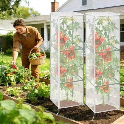 3 Pcs Garden Bird Barrier Plant Cover 55" x 16.5"- Fit Square Support (Max 15" D x 59" H) Tomato Cage Net with Zipper & Drawstring Foldable Trellis Guard Cover Bag for Protecting Plant - size: 55" x 16.5"