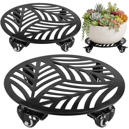 2-Pack Large Metal Plant Caddy with Wheels 13.6 Inches Heavy-duty Rolling Plant Stands with Casters Wheeled Flower Pot Mover Roller Rust-proof Iron Planter Dolly Coasters for Indoor Outdoor Use, Black - color: Textured Black, size: 13.6"/ 2 packs