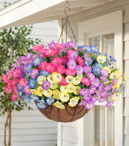 Artificial Fake Hanging Flowers Baskets for Outdoors Faux Plants Fall Outside Decor, UV Resistant Silk Morning Glory Flowers in Planter Realistic Petunias for Outdoor Porch Patio Garden Yard Home - color: B 4 Multicolor