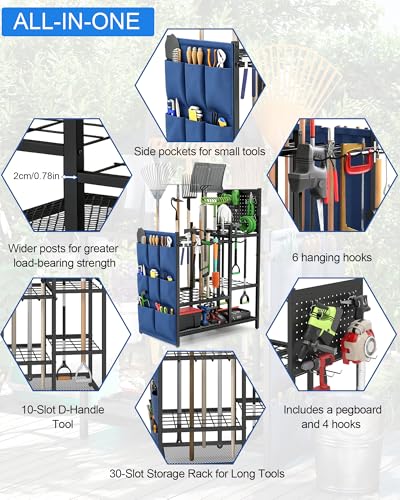 Garden Tool Organizer with Pegboard, Yard Tool Holder Standing for Garage Organization, Up to 30 Long-Handled/10 D-Handled Tools/Rake/Broom/Shovel/, with Side Storage Pocket