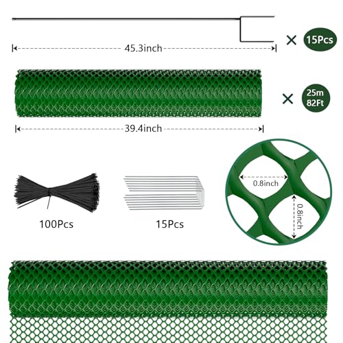 Plastic Chicken Wire Mesh Fence with Metal Stakes, 39.4in x 82ft - color: Green Diamond Grid