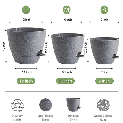 UOUZ Large Self Watering Pots, 12/10/9 Plastic Planters with High Drainage Holes and Deep Reservoir for Indoor Outdoor Garden Plants and Flowers, Grey Speckles - color: Grey Speckles