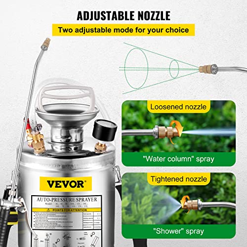 Happybuy 1 Gallon Stainless Steel Pump Sprayer, 12" Wand & 3FT Reinforced Hose, Pressure Gauge, Safety Valve & Adjustable Nozzle, Garden Weed Sprayer for Lawn, Gardening, Sanitizing - size: 1 Gallon