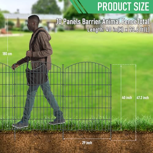 10 Panel No Dig Metal Garden Fence 40"H x 23.6'L Dog Fence Outdoor for Yard - size: 10pc 23.6 ft(L) X 40 in(H)-Convex